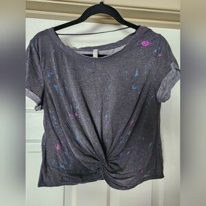 free people movement, cropped tee, gray with pink & blue specs.S/M. women's